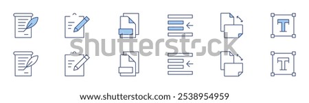 Text icon set in two styles, Duotone and Thin Line style. Editable stroke. announcement, clipboard, files, left indent, orientation, text.