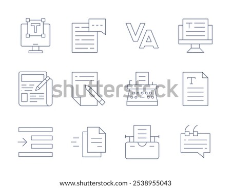 Text icons. Thin Line style, editable stroke. tracking, typewriter, laptop, newspaper, right indent, text, text file, validation, chat, copywriting, file.