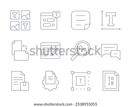 Text icons. Thin Line style, editable stroke. font, layout, orientation, save, file, text, text box, text message, vertical, chat box, copywriting.