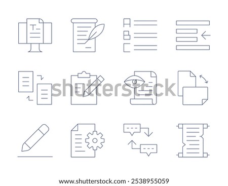 Text icons. Thin Line style, editable stroke. blog, copy, edit text, list, proof reading, sequence, announcement, clipboard, document, left indent, orientation, scroll.