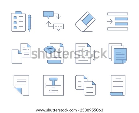 Text icons. Line Duotone style, editable stroke. proof reading, sequence, text, right indent, speech, sheet, copy, draft, wishlist, line spacing, white paper.