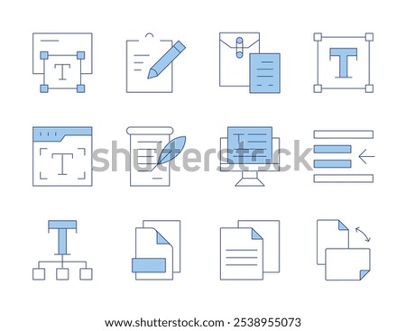 Text icons. Line Duotone style, editable stroke. archive, document, text, announcement, clipboard, files, left indent, orientation, text editor, typography.