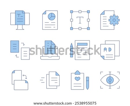 Text icons. Line Duotone style, editable stroke. analysis, document, leaflet, scan, file, sheet, text, writing, blog, copy, orientation.