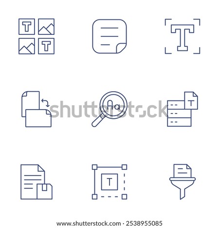 Text icons set. Thin Line style, editable stroke. font, text, layout, orientation, save, file, filter, text box.