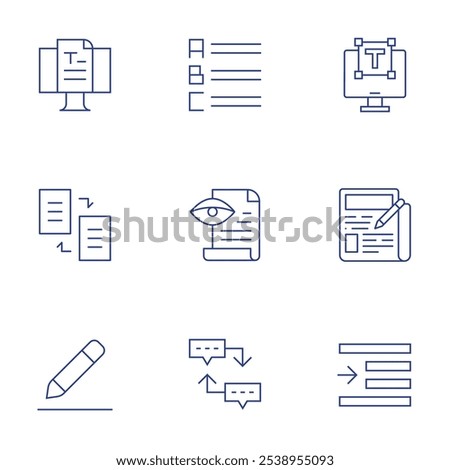 Text icons set. Thin Line style, editable stroke. blog, copy, edit text, list, proof reading, sequence, laptop, newspaper, right indent.