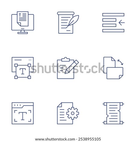 Text icons set. Thin Line style, editable stroke. announcement, clipboard, document, left indent, orientation, scroll, text, text editor, typography.