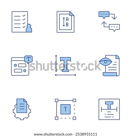 Text icons set. Line Duotone style, editable stroke. proof reading, sequence, text, text box, vertical, chat box, file, guest list.