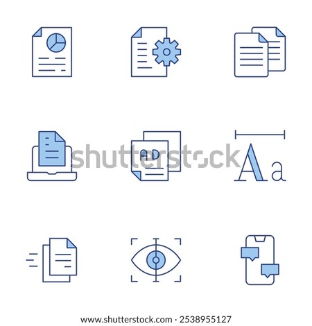 Text icons set. Line Duotone style, editable stroke. analysis, document, leaflet, scan, chat, copy, file, font.