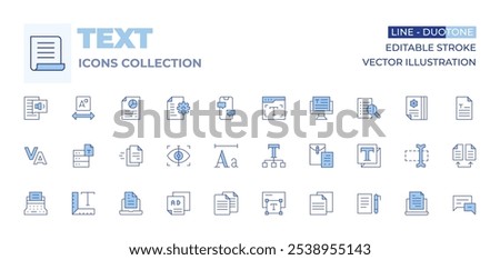 Text icons collection. Line Duotone style, editable stroke. analysis, document, scan, chat, file, font, text, tracking, text to speech, color, search, cursor, instruction, typography.