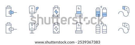 Charging icon set in two styles, Duotone and Thin Line style. Editable stroke. charging, wireless charger, battery charge, charger, charging station, battery.