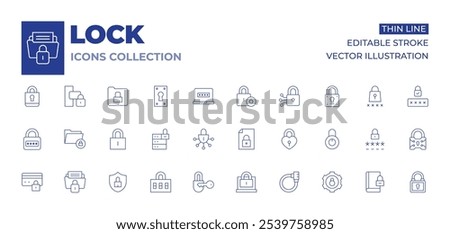 Lock icons collection. Thin Line icons, editable stroke. lock, cyber security, folder, heart lock, locked, padlock, password, secure payment, security.