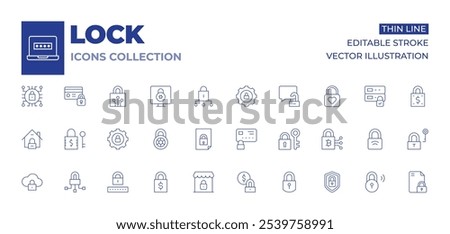 Lock icons collection. Thin Line icons, editable stroke. lock, locked card, locked, money, server, shop, smart lock, cyber security, house, security system, padlock, password.