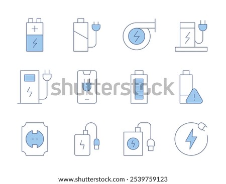 Charging icons. Line Duotone style, editable stroke. power bank, electric station, power generation, power, charging, battery level, socket.