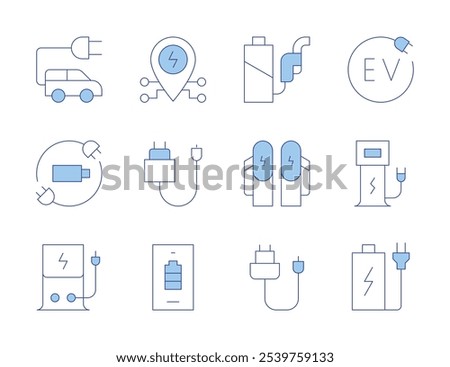 Charging icons. Line Duotone style, editable stroke. charger, electric station, smartphone, battery status, charging station, placeholder, battery, electric car.