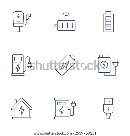 Charging icons set. Thin Line style, editable stroke. battery, charge, power, rechargeable battery, usb, charging station, electric station, smart home.