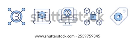 bitcoin, laptop, lock, price. icon vector illustration. Line Duotone style. Editable stroke.