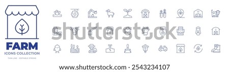 Farm icons collection. Thin Line icons, editable stroke. agriculture, beehive, chick, cow, dairy products, farm house, hoe, milk bottle, robotic arm, sheep.