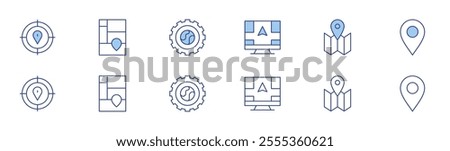 Map icon set in two styles, Duotone and Thin Line style. Editable stroke. aim, direction, treemap chart, map, gear, location.