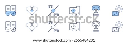 Gaming icon set in two styles, Duotone and Thin Line style. Editable stroke. computer, gamepad, heart, round one, trophy, virtual.