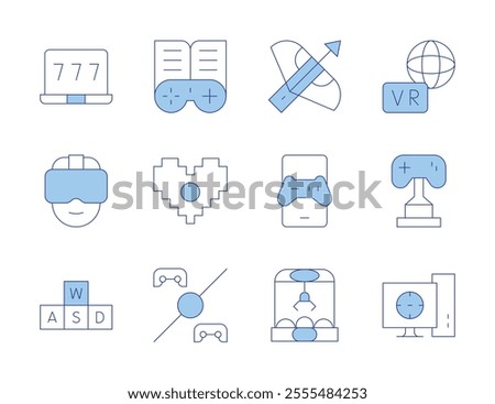 Gaming icons. Line Duotone style, editable stroke. claw machine, computer, crossbow, game, gamepad, heart, round one, trophy, virtual, vr glasses, wasd, win.