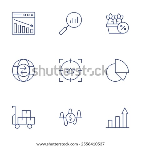 Market icons set. Thin Line style, editable stroke. analytics, carrot, customer, frequency, increase, pie chart, stock market, trade, trolley.