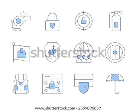 Safety icons. Line Duotone style, editable stroke. whistle, target, lock, flag, fire extinguisher, risk management, safety, shield.