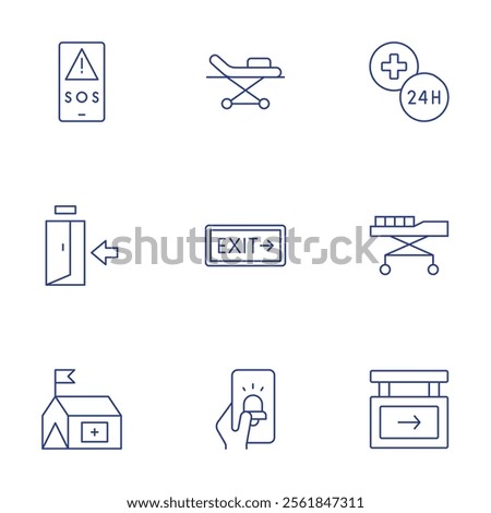 Emergency icons set. Thin Line style, editable stroke. sos, stretcher, emergency exit, exit, emergency contact, emergency, tent.