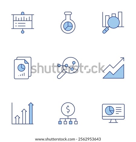 Analytics icons set. Line Duotone style, editable stroke. search, profit, computer, analytics, files, analytical, profits, market research.