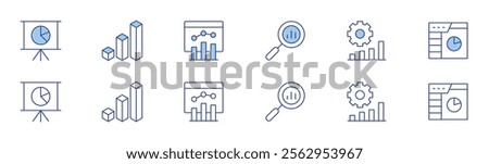 Analytics icon set in two styles, Duotone and Thin Line style. Editable stroke. analytics, layers, donut chart, chart.