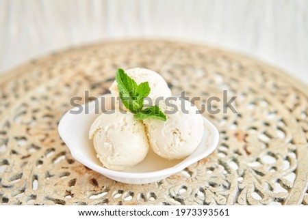 Similar – Image, Stock Photo Side view of three slices of delicious French toast with blueberries on a plate on grey background, minimalistic style with copy space