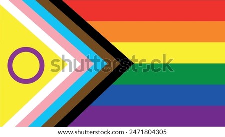 New Progress Pride Flag. Pride Flag. LGBTQ+ colored flag. Pattern. Pride Parade. Multicolored LGBT+ linear flag. 
