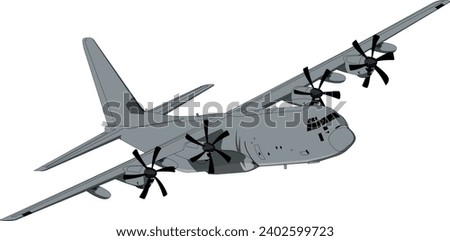 C-130J Military Cargo + Tanker Aircraft Side Banking Vector Drawing