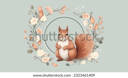 Squirrel and flowers and green leaves circle behind for book cover, e-book cover, reading book, writing book and sketch drawing book in flat wallpaper banner background vector illustration