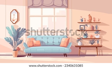 Comfortable cushion sofa and decorating furniture set in living room in flat vector illustration