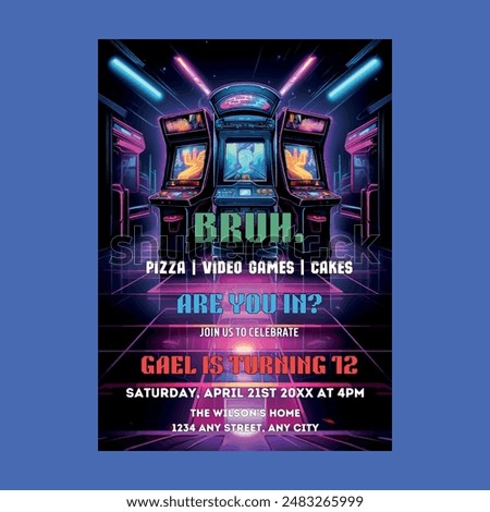  Neon Arcade Video Games Birthday Invitation