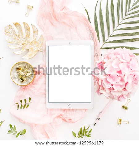 Image, Stock Photo Pink pale flowers in circle shape at white background.