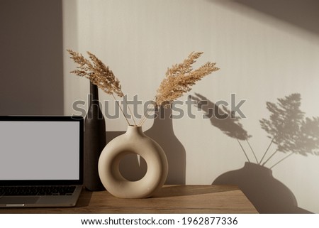 Laptop computer with blank screen on table with pampas grass bouquet in sunlight shadows on the wall. Aesthetic influencer boho styled office workspace interior design template with mockup copy space Stock foto © 