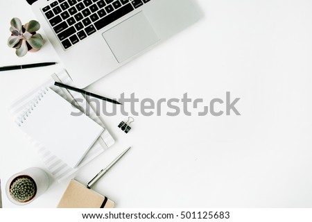 Similar – Image, Stock Photo Desk with laptop, notebook, pen in foreground