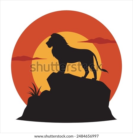 Lion on a rock - black silhouette on background of the sunset. African Safari. Vector illustration