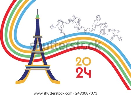 Olympics 2024 theme Eiffel Tower combined with various kinds of sports and the Olympic ribbon Vector Eps