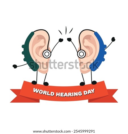 World Hearing Day poster two ears are giving hi five with Hearing aids receiver device audiologist 