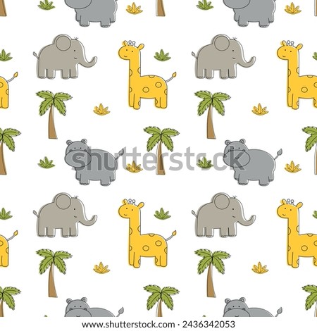 Cute vector seamless pattern with safari animals, elephant, hippo, giraffe and tropical plants, flat style. African animals. Hand drawn, doodle, Scandinavian vector illustration.