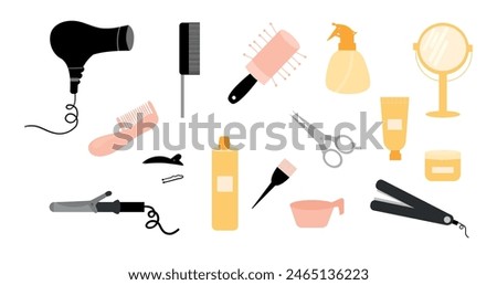 Set of tools for a hairdresser. Collection of  accessories for hair cutting and styling. Hair Dryer, hair brush, scissors, curling hair and tools for barbershop. Vector illustration, flat style.