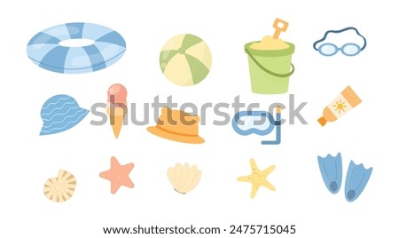 Summer kids beach set. Diving mask, diving fins, snorkel and water goggles. Sun hat, swim ring, sand bucket, ice cream, shells. Flat vector illustration. 