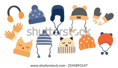 Set of various cute hats, mittens, gloves for girls and boys for cold weather. Funny hats for kids. Knitted hats on winter season on white background. Vector illustration, flat style.