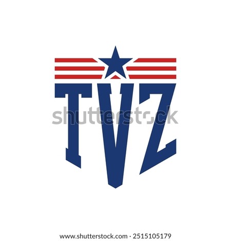 Patriotic TVZ Logo with Star and American Flag Straps. Letter TVZ Logo with USA Flag