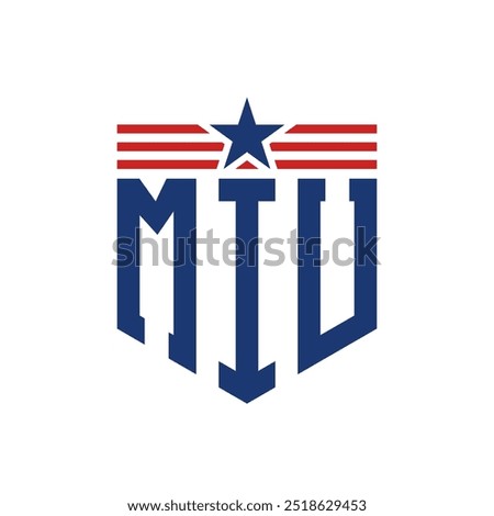 Patriotic MIU Logo with Star and American Flag Straps. Letter MIU Logo with USA Flag