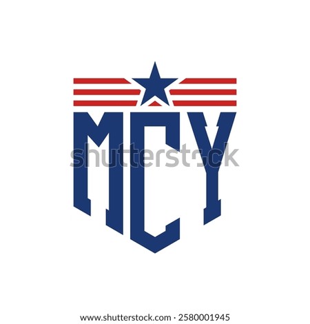 Patriotic MCY Logo with Star and American Flag Straps. Letter MCY Logo with USA Flag