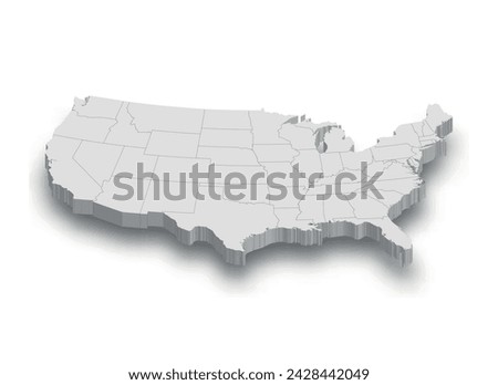 3d United States white map with regions isolated on white background