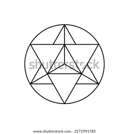 Black outlined Merkaba symbol, featuring an interlocked star tetrahedron within a circle on white